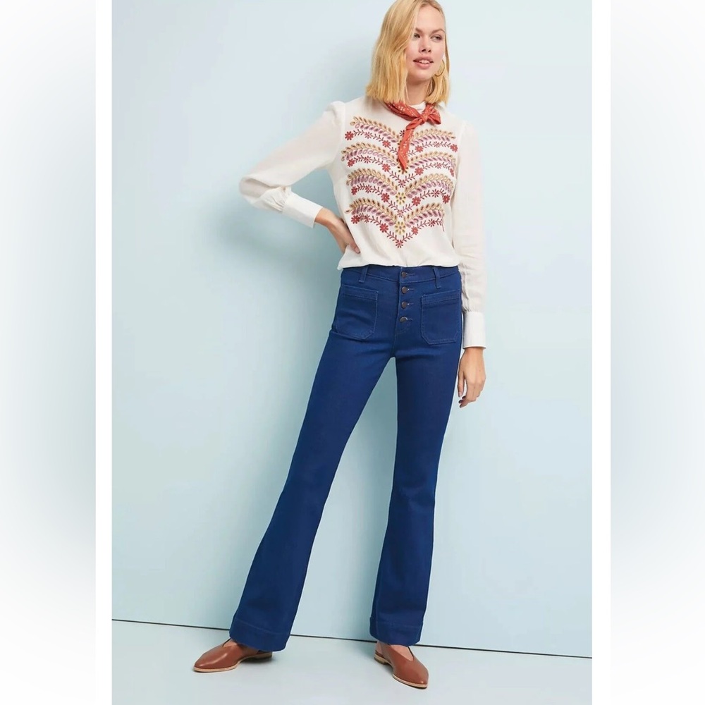 Anthropologie Meadow Rue Daphne Embroidered Long Sleeve White Blouse Size 8